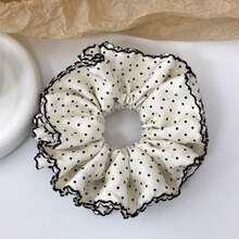1 chiếc dây buộc tóc bằng polyester họa tiết hình học, kiểu dáng Hàn Quốc đa năng, chấm bi đen trắng, có bèo nhún. - Nhiều màu - Xem 7