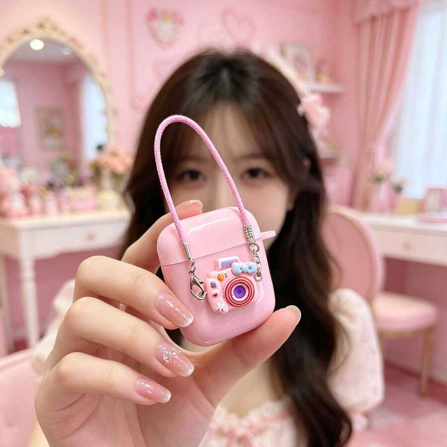 1pc Soft TPU Earphone Protective Case, Girly INS Style Pink Mini Camera Shaped Full Cover Earphone Case With Braided Lanyard And 3D Bow Decor, Compatible With Apple 1/2/3/4/Pro/Pro 2/Pro 3 - Pink - View 1