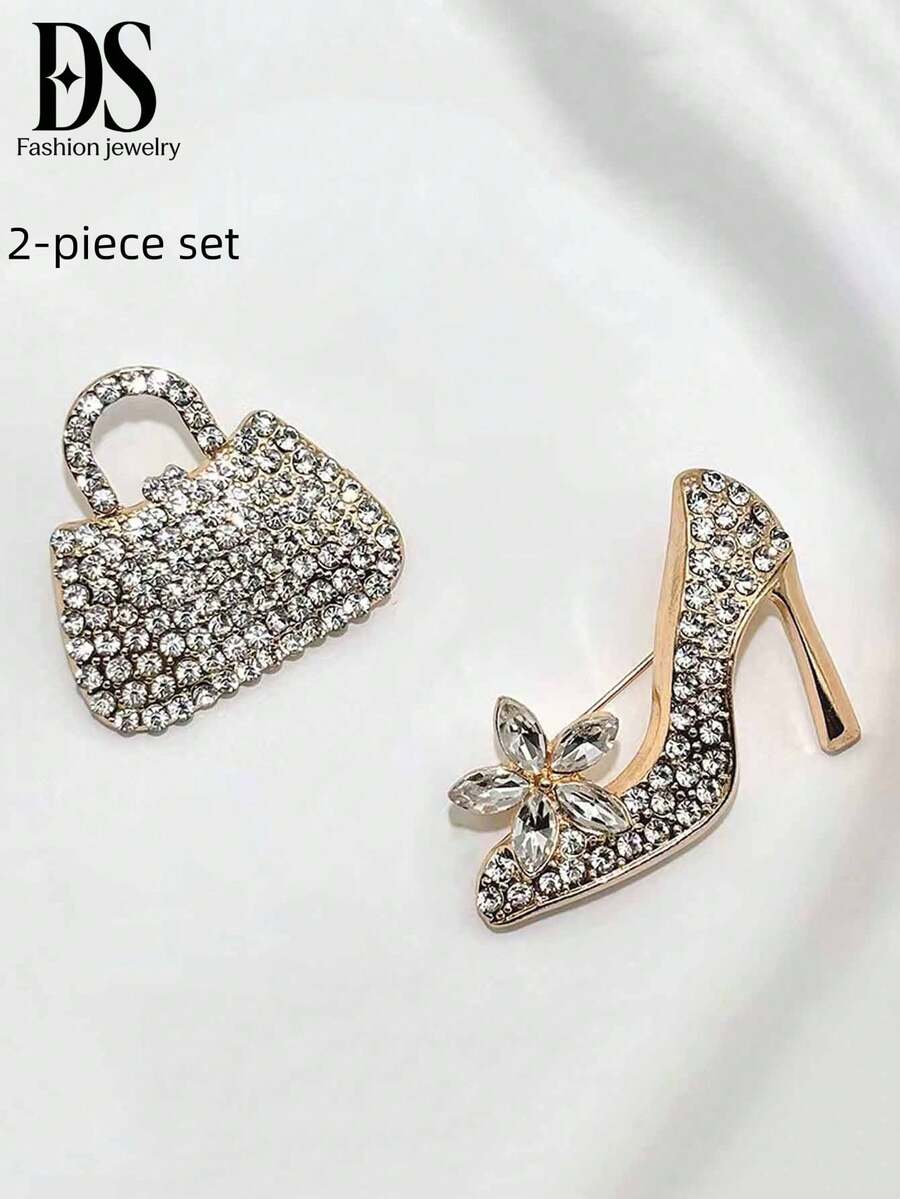 2 piezas Broche de zapato de tacón alto y bolso con strass, accesorio de vestido de fiesta de color dorado exagerado, joyería de mujer - Conjunto de dos piezas - Ver 1