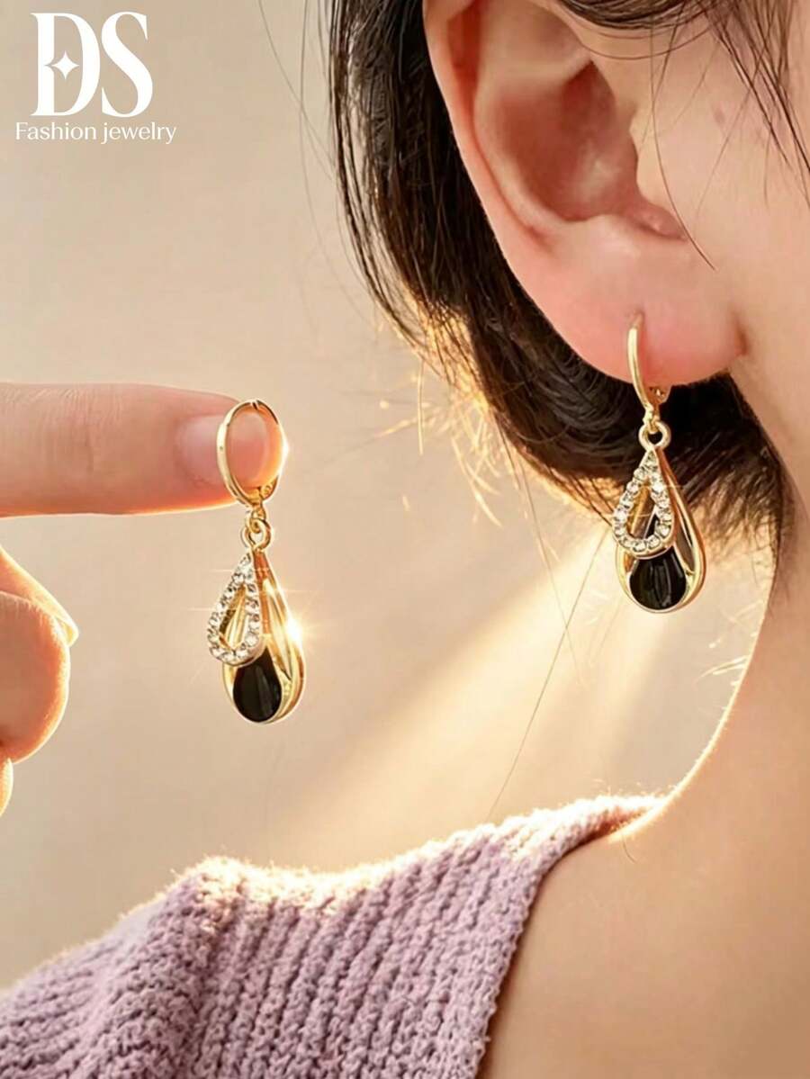 一对复古法式祖母绿蛇形耳环，夸张镀金优雅耳环，适合日常佩戴 - 水滴款 - 查看 1