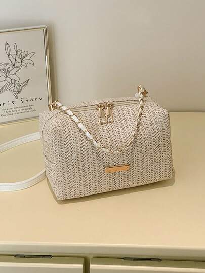 1个女士时尚通勤纯色草编手提包，便携百搭，高品质双肩带/单肩包，适合度假、送礼、旅行