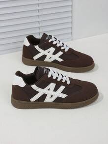 1 đôi giày thể thao đế bằng kiểu retro thường ngày dành cho nữ, giày sneaker cổ thấp phối màu tương phản, thoáng khí, đa năng, thích hợp cho trường học, kỳ nghỉ, phòng tập thể dục, hoạt động ngoài trời, mọi mùa. - màu nâu - Xem 1