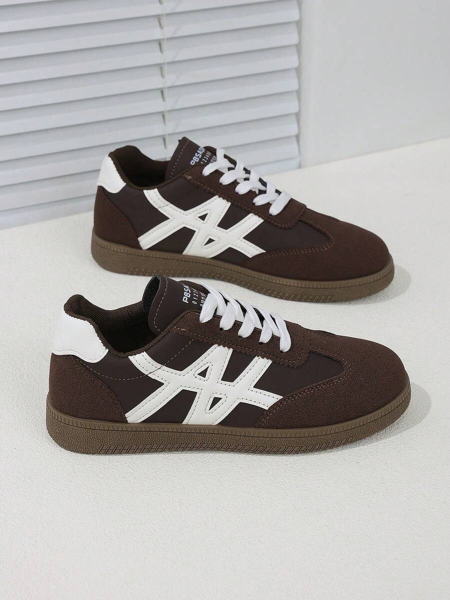 1 đôi giày thể thao đế bằng kiểu retro thường ngày dành cho nữ, giày sneaker cổ thấp phối màu tương phản, thoáng khí, đa năng, thích hợp cho trường học, kỳ nghỉ, phòng tập thể dục, hoạt động ngoài trời, mọi mùa. - màu nâu - Xem 1