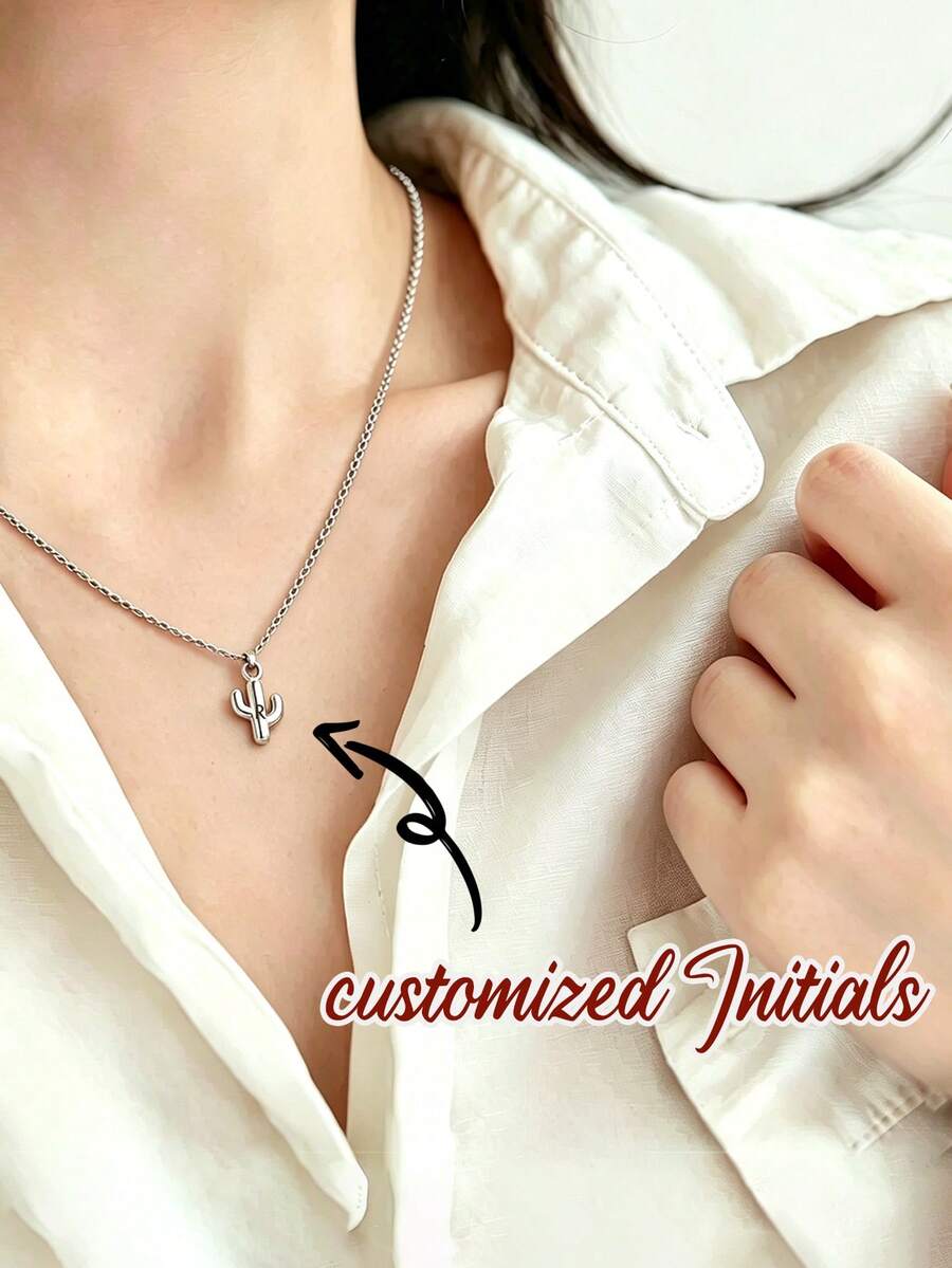 1pc Customized Initial Cactus Pendant Necklace Y2K Stainless Steel Delicate Clavicle Chain Unisex, Fashion Necklace Gift For Boyfriend Girlfriend, Couple Gift - Multicolor - View 1