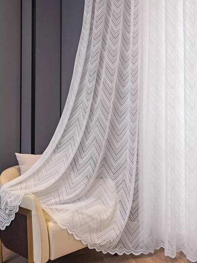 1pc Modern Minimalist Nordic Style Perforated Sheer Curtain, Striped Voile Window Curtain Panel For Living Room, Bedroom, Balcony, White, Sunscreen