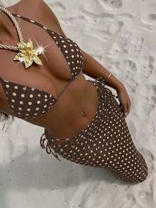 Bộ bikini 3 món màu đen in chấm bi dễ thương, kiểu cổ yếm, dành cho nữ, thích hợp cho kỳ nghỉ xuân/hè ở bãi biển. - Nhiều màu - Xem 15