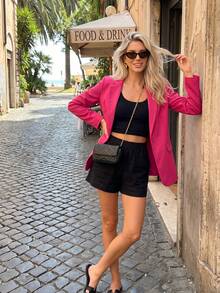 Áo blazer công sở dáng rộng, thoải mái, thắt eo, phong cách thường ngày mùa xuân 2026. - Màu Hồng Tươi - Xem 3