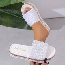2026 Summer New Woven Platform Rivet Sandals, Thick Sole One-Strap Slides, Large Size Women Shoes For Overseas Market - White 1 - View 13