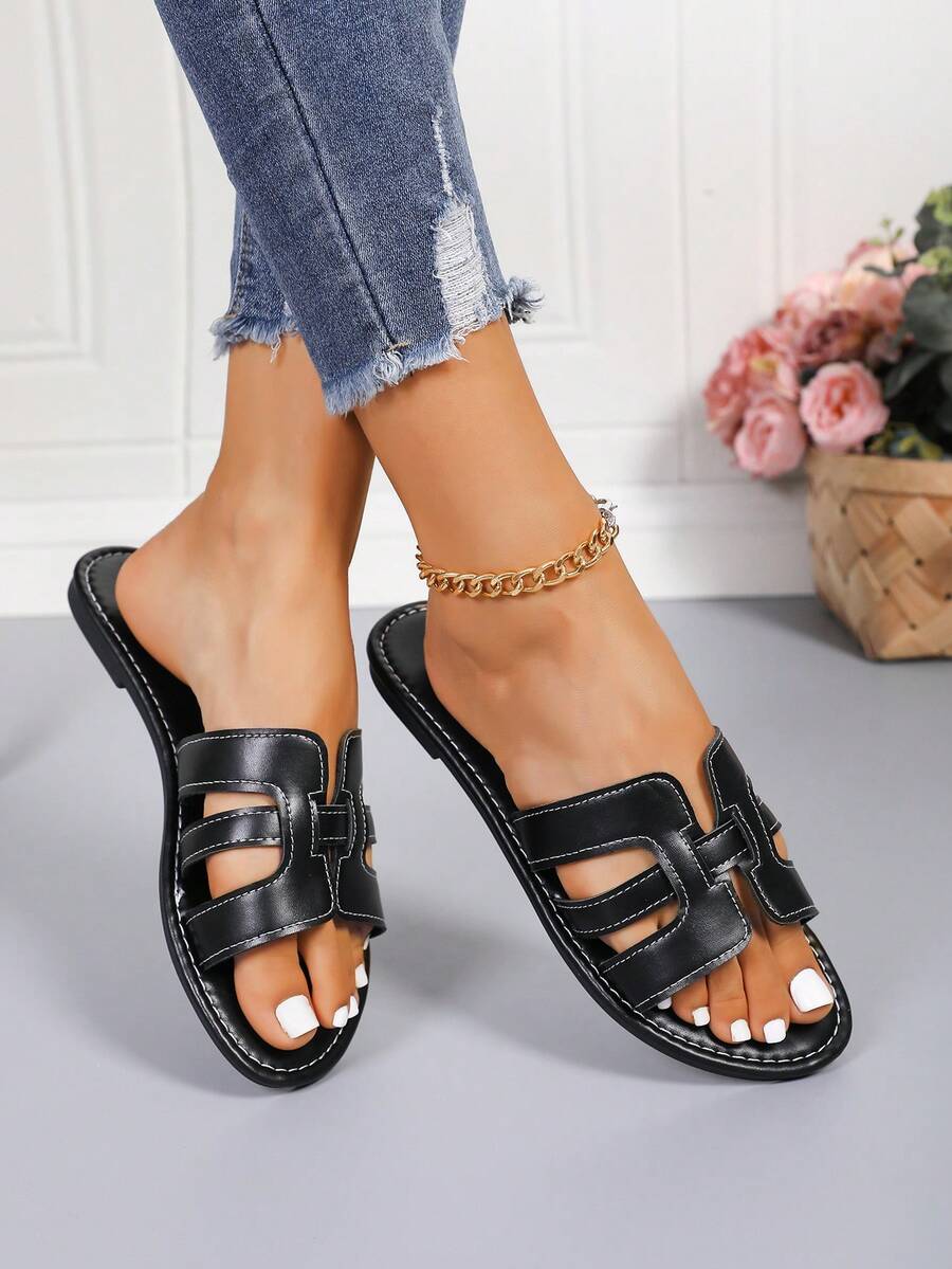 Dép xăng đan đế bằng phong cách Bohemian giản dị, tối giản kiểu Âu và Mỹ, thích hợp cho các bữa tiệc tại nhà, thiết kế mũi dép bóng bẩy, đế chống trượt, mang lại cảm giác thoải mái. - màu đen - Xem 1