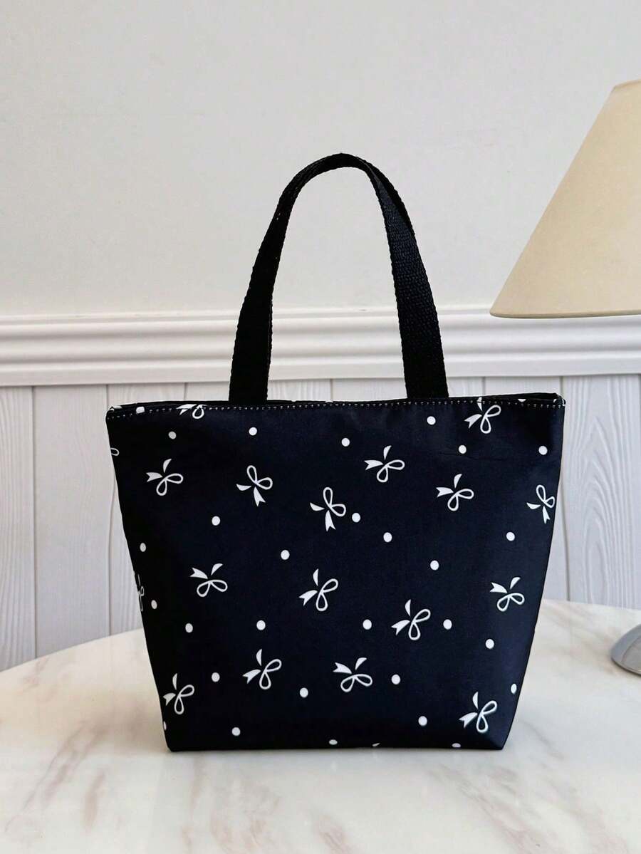 Tas Tangan Portabel Modis; Tas Tebal dengan Motif Pita Lucu; Tas Perjalanan - Hitam dan Putih - View 1