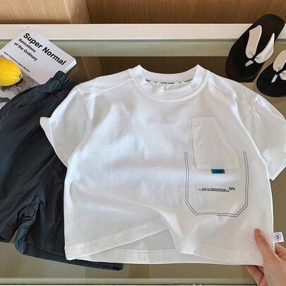 2026 New Summer Boys Short Sleeve T-Shirt, Children Casual Chic Patch Decor Pullover Top, Fashion