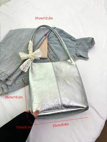 大容量蕾丝蝴蝶结休闲通勤腋下水桶手提单肩包（女士款） - 銀色 - 查看 6