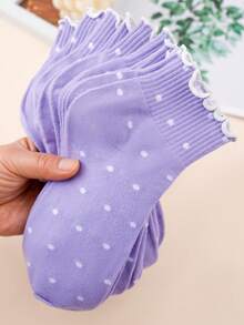 10 Pairs Women's Purple Sweet Ruffle Edge Fresh Heart Pattern JK Style Comfortable Breathable Short Socks - Purple - View 2