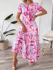 Women's Elegant Ditsy Floral Dress, Women's Pocket Waist Cinched Dress, Suitable For Spring/Summer Daily Wear, Summer Beach Holiday Outfit, Tropical Resort Women's Clothing, Pink Summer Graceful Holiday Dress Vacation - Hot Pink - View 7