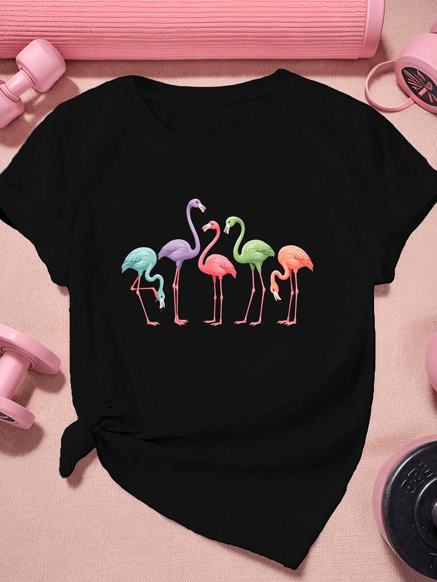 Unisex Short-Sleeved Sports T-Shirt, Limited Edition, With A Vibrant Flamingo Print And Unique Pose, Perfect For Mother's Day, The Best Gift For Mom, Printed T-Shirt Made Of Lightweight Cotton. - 黑色 - 查看 1
