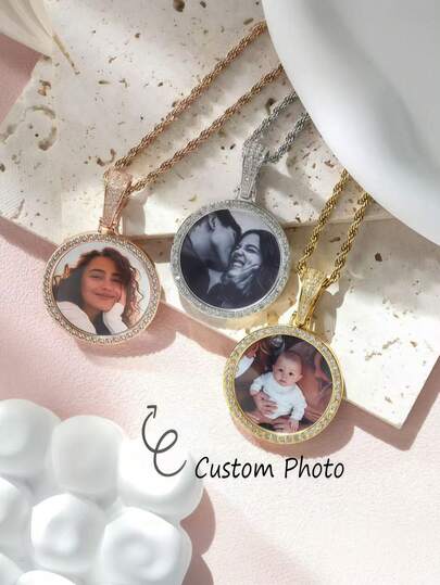 Personalized Customized Photo Circular Necklace Pendant, Large Hip-Hop Circular Pendant, Wing Hip-Hop Necklace, Jewelry Gifts For Him/Her, Birthday Party Jewelry For Family, Gifts For School/Graduation Season