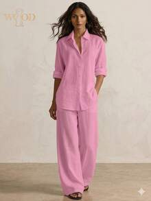WOOD 2026 New Spring/Summer Bohemian Style Cotton-Linen Women's Two-Piece Set, Cotton-Linen Fabric, Moisture-Wicking, Breathable And Durable, Suitable For Daily Wear, Shopping, Dates, Commuting, Etc Mother's Day Gift - 粉紅色 - 查看 1