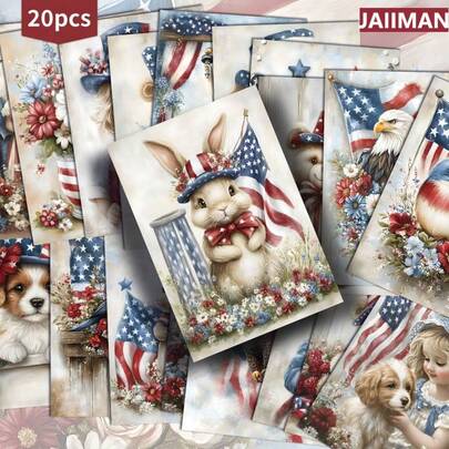JAIIMAN 20张复古明信片套装，适合7月4日独立日，尺寸齐全，非常适合制作复古手账、剪贴簿和工艺品，可作为收藏装饰艺术卡片。