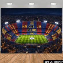 Phông nền phẳng 2D mô phỏng sân vận động Nou Camp, khán đài đỏ-xanh-vàng, sân cỏ xanh, ánh đèn thành phố về đêm và hệ thống chiếu sáng sân vận động, chất liệu bền. - A - Xem 4