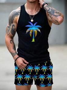 Bộ 2 món phong cách thường ngày, trưởng thành, gồm áo tank top và quần short in kỹ thuật số hình cây dừa và chữ, thích hợp cho kỳ nghỉ hè, hẹn hò, dự tiệc, là món quà tuyệt vời dành cho bạn trai. - Nhiều màu - Xem 4