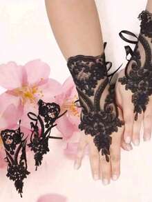 1 Pair Elegant Black Lace Fingerless Gloves - Soft And Skin-Friendly, Exquisite Floral Pattern, Elastic Polyester Material - Perfect For Weddings, Parties And Balls, Wedding Accessories - A - View 7