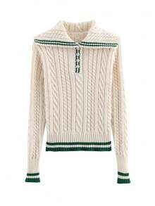 Eight-Strand Cable-Knit Sweater + Wide Pleated Knit Mini Skirt Set - Beige Top - View 7