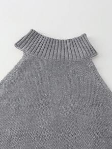 High Neck Solid Color Off-Shoulder Knit Vest For Commuting, Solid Khaki High Neck Knit Top, Sleeveless High Neck Cropped Top, Minimalist High Neck Knit Vest, Sleeveless High Neck Summer Outerwear, Suitable For Street, Casual, Holiday, Travel, Date - Grey - View 5