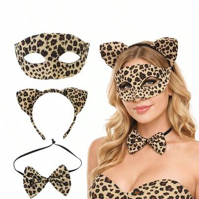 3pcs Leopard Print Costume Set Includes Leopard Mask, Leopard Bow Tie, And Leopard Ears. Suitable For Halloween, Parties, Birthdays, Carnivals, And Bachelorette Parties