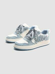 1双 Jifffly 滑板风格防滑耐穿男女通用休闲运动鞋，合成革和织物鞋面，厚底，低帮街头风运动鞋 - 牛仔藍 - 查看 11