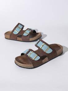 Women's Solid Color Beach Strap Slippers, New Fashion Sandals With Metal Double Buckle, Casual Versatile Outdoor Slides, Soft Retro Slip-On Loafers - Chocolate and Blue - View 8