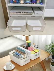 Stackable White Plastic Storage Basket With Integrated Handle, Minimalist Design, Nestable For Space Saving, Made Of Durable PP Material With Smooth Rounded Edges, Lightweight Yet Sturdy, Easy To Clean, Multipurpose For Cosmetics, Bathroom, Bedroom, Kitchen, Office, Toys, Snacks And Home/Apartment Organization - Multicolor - View 8