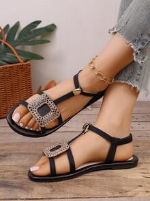 Sandal đế bằng thanh lịch cho bé gái tuổi teen, đính đá lấp lánh hình vuông, quai ngang co giãn, kiểu dáng thường ngày, thích hợp cho mùa hè. - màu đen - Xem 1