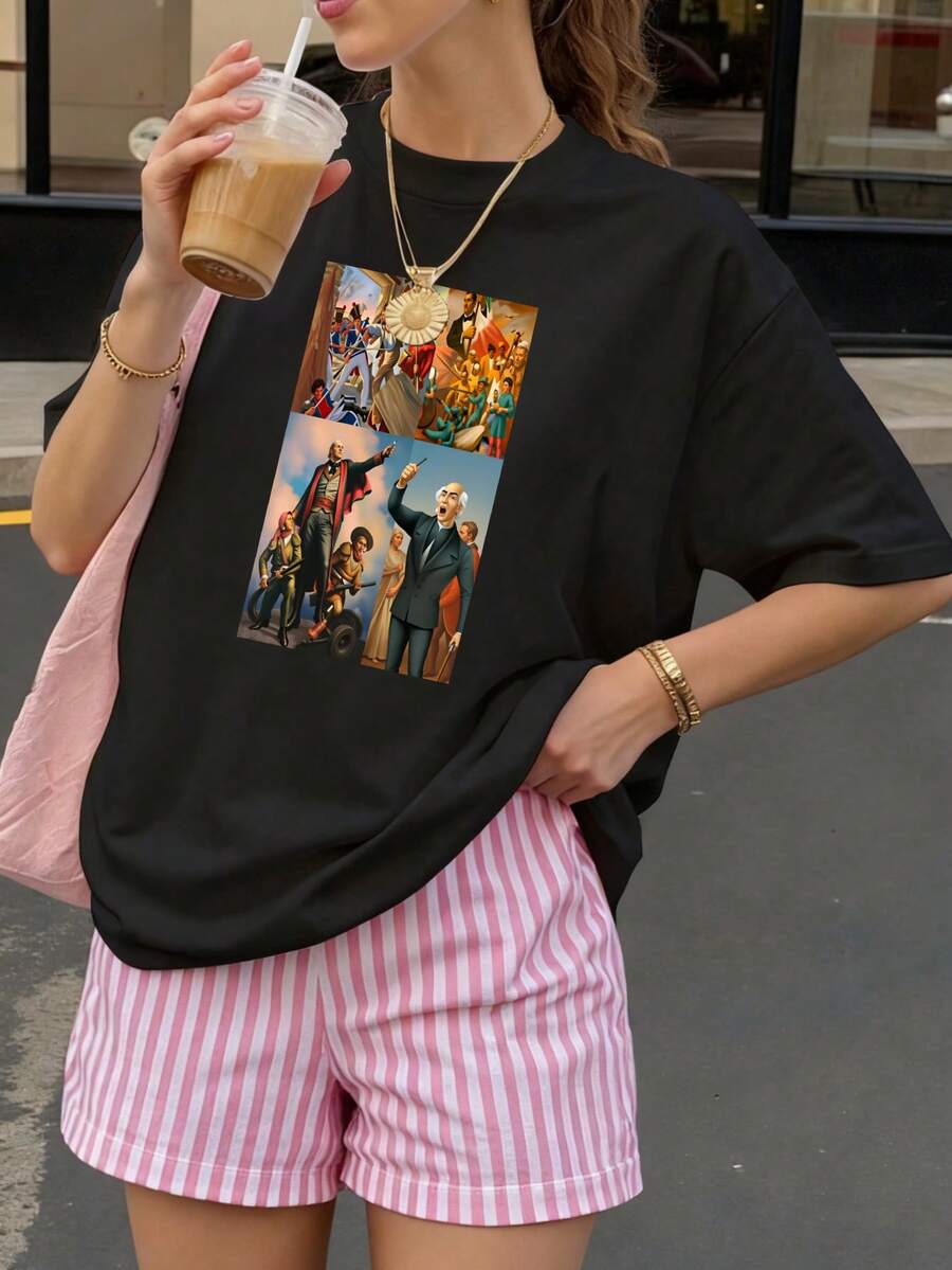Camiseta Oversize Negra con Estampado de Arte Pop y Personajes para Ocio Casual - Negro - Ver 1