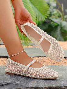 Giày bệt nữ thời trang mới, kiểu dáng casual, chất liệu lưới phối màu tương phản, màu be, thích hợp cho đi làm hàng ngày, hẹn hò, du lịch (Họa tiết không đều) - Màu be - Xem 3