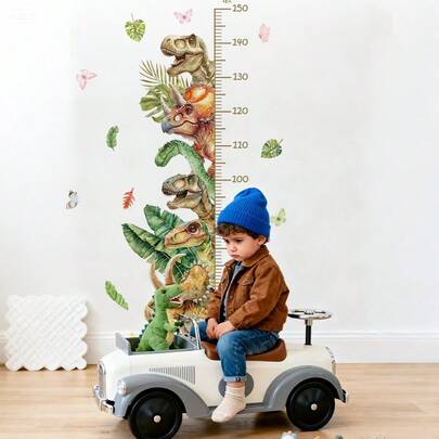 BRUP 1/2 Pcs Dinosaur Height Measurement Wall Stickers, Removable Jungle Dinosaur & Palm Leaf Wall Decals, Suitable For Boys Room, Nursery, Playroom Decor