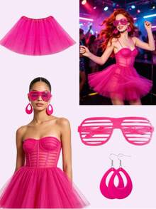 洋红色芭蕾舞裙套装（含时尚眼镜和耳环），霓虹粉色薄纱裙+百叶窗时尚眼镜+耳环，80/90年代迪斯科派对万圣节服装 - 彩色 - 查看 2