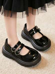 1 par de mocasines para pies anchos, estilo británico de material de PU, suela gruesa antideslizante, correa con decoración de corazón, nuevos zapatos casuales de princesa de campus 2026, tela suave y transpirable, suela blanda, cordones y hebillas dobles, plantilla cómoda, adecuado para bailar, caminar, asistir a fiestas, gran regalo para niños - Negro - Ver 7