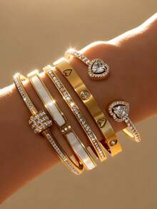 ZCNC Set de 5 piezas de pulseras y brazaletes de acero inoxidable personalizados de varios colores, diseño único, de moda, multielemental, exquisito regalo ideal, joyería no descolorida, elegante - Oro 16 - Ver 3