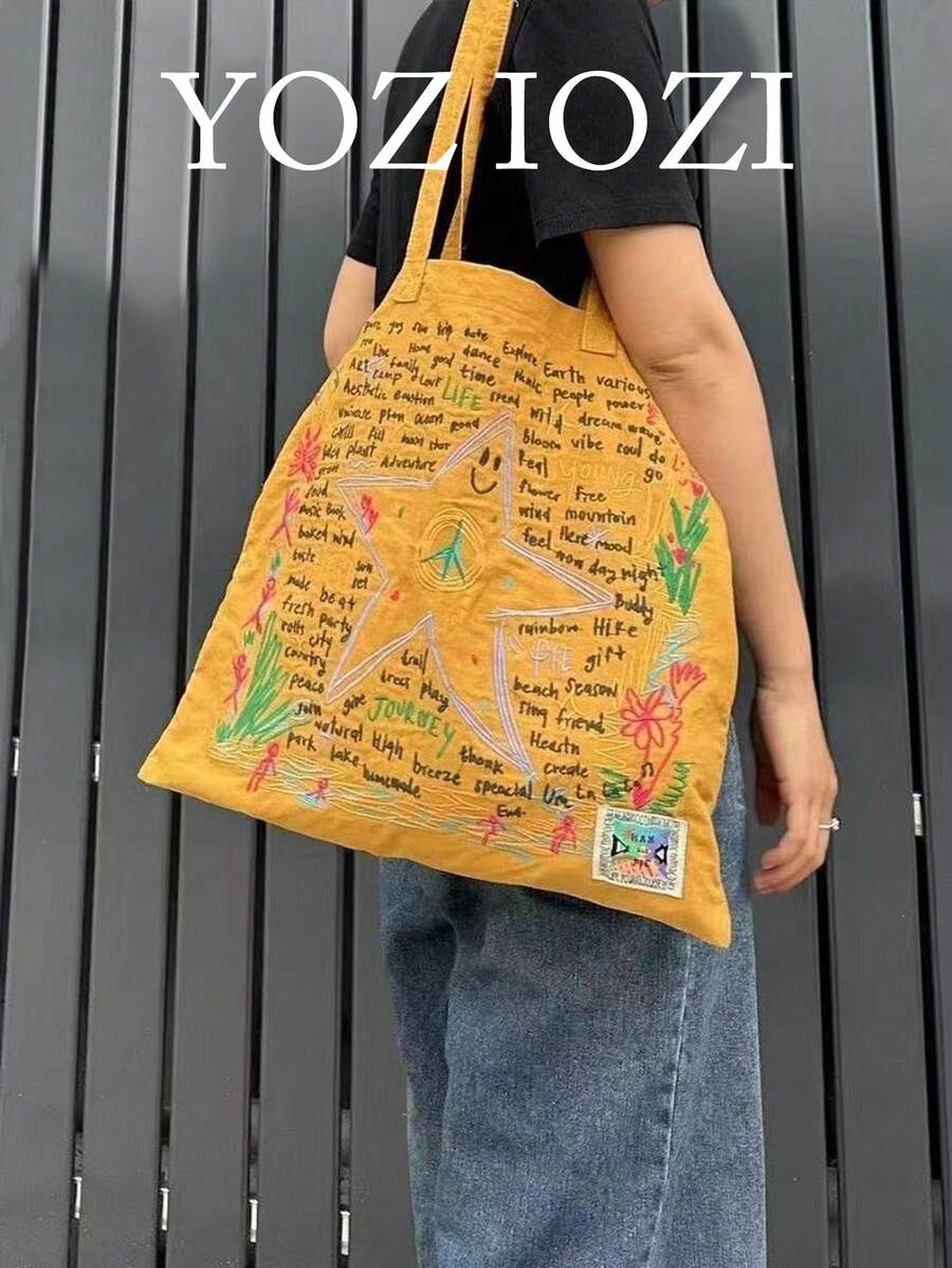Niche Star Embroidered Canvas Tote Bag, Large Capacity Contrast Color Commuter Shoulder Bag, Suitable For College Students, Versatile Handbag - Orange - View 1