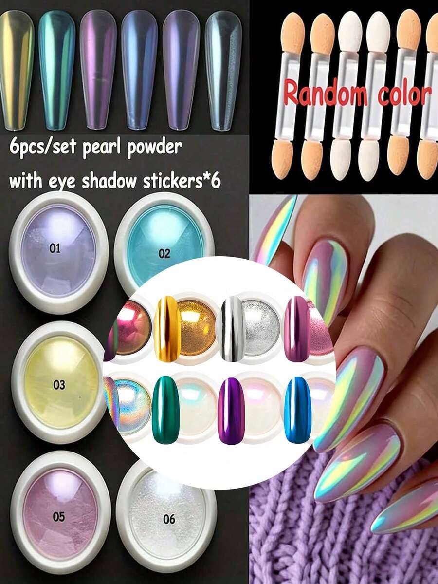 Poudre à ongles de plusieurs couleurs, poudre à ongles effet déesse or & argent, poudre à ongles perle blanche fausse sirène style Y2K, décoration DIY nail art miroir métallique pailleté - Multicolore - Voir 1