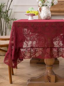 1pc Elegant French Floral Lace Trim Tablecloth, Fresh Decor For Dining Table, Holiday - Burgundy - View 4
