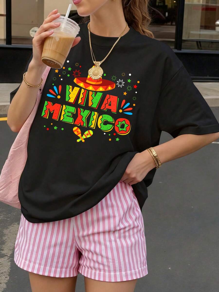 Camiseta Negra Viva Mexico con Sombrero y Maracas para Fiesta Mexicana - Negro - Ver 1