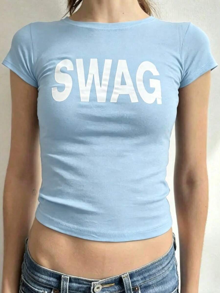 Swag Baby Tee, Minimalist Statement Graphic Y2K Streetwear Top, Pinterest Baby Tee-Loose-Fit Easy Relaxed Style, - Light Blue - View 1