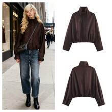 Women's Autumn Textured Suede Aviator Jacket - Coffee Brown - View 2