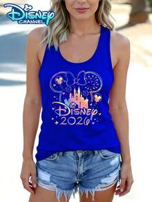 Disney Official Authorization | Women's Casual Crew Neck Sleeveless Tank Top. Featuring A Mickey Mouse Head Silhouette, Combined With 2026 Rainbow Castle, Fireworks And Balloon Elements. The Fabric Is Soft And Breathable, Making It Perfect For Vacations, Outings And Daily Casual Wear. - Màu xanh lam - Xem 1