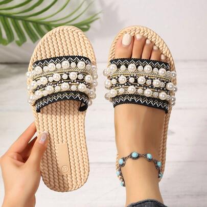 Women's Casual Bohemian Beaded Flat Sandals, Open Toe Strap Slides, Beach, Outdoor, Home, Vacation, Summer
