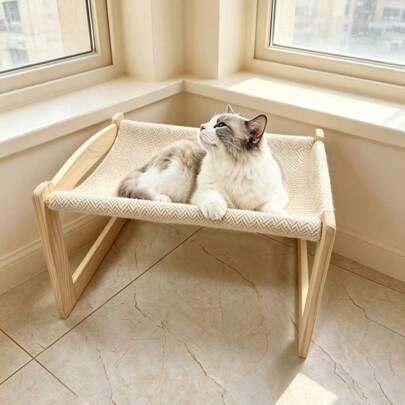 1 pieza Hamaca de madera para gatos, con alfombrilla rascadora de sisal, percha para gatos interior transpirable, silla de descanso de gato con marco de madera resistente