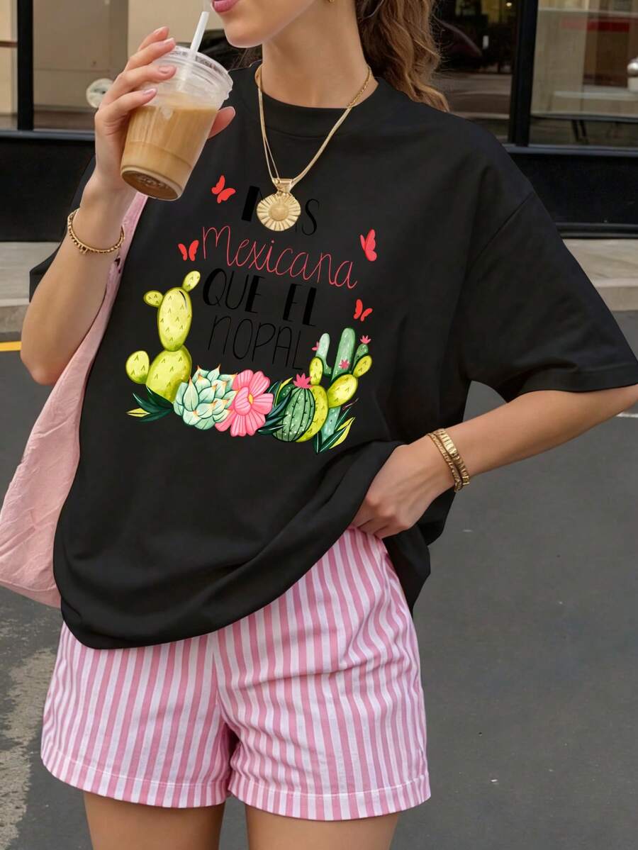 Camiseta Negra con Estampado de Cactus y Flores Mexicana Que El Nopal para Verano - Negro - Ver 1