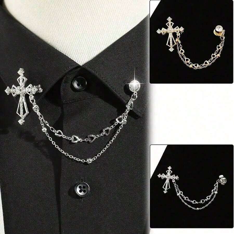 1 Piece Of Korean-Style Fashionable High-End Men's Brooch With Cross, Heart, And Chain Design, Badge For Suits, Clothing Accessory - Bạc - Xem 1