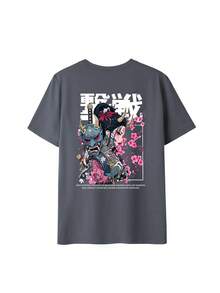 Áo thun nữ kiểu "Oni Girl" Nhật Bản, phiên bản tiêu chuẩn với họa tiết hoa anh đào, tay ngắn thoải mái, cổ tròn độc đáo, phong cách đường phố lấy cảm hứng từ anime, trang phục thường ngày mùa hè. - Xám đậm - Xem 4
